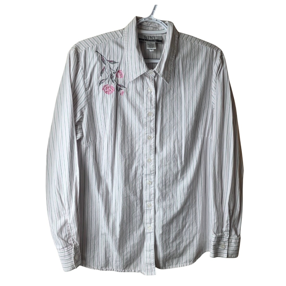Nine & Company Women's Embroidered Stripe Button Front Shirt Pink Size 14 Cotton